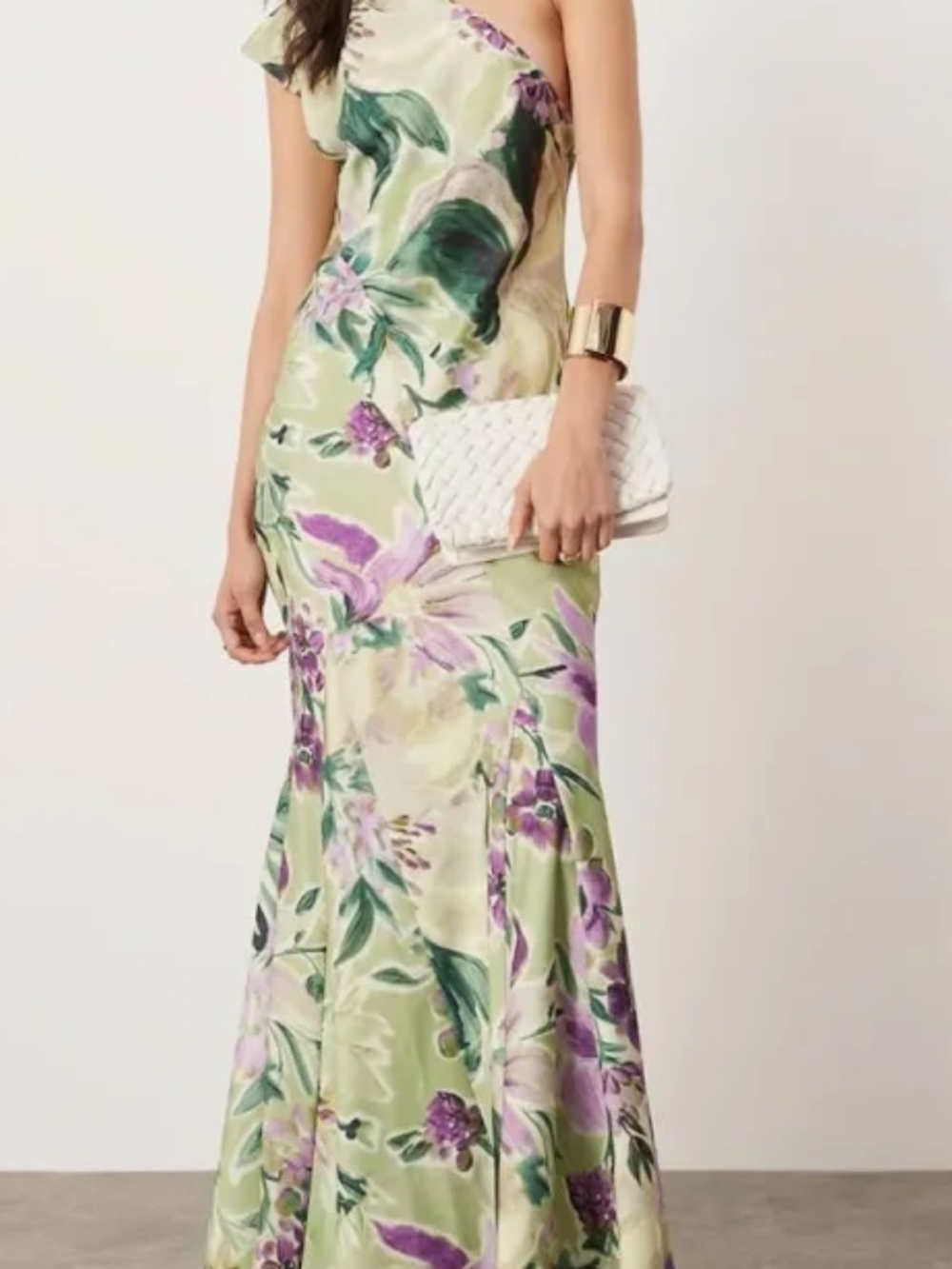 ASOS One-Shoulder Floral Evening Dress in Sage Green and Lavender